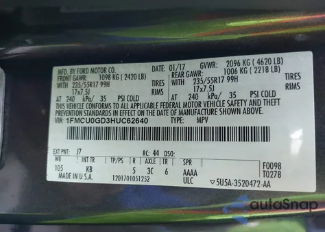 2017 Ford Escape Se из США, поврежденный, VIN 1FMCU0GD3HUC62640